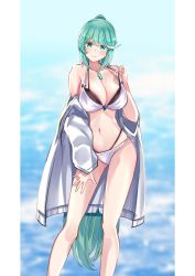 Rule 34 | 1girl, bikini, black bikini, breasts, chest jewel, cleavage, contrapposto, feet out of frame, green eyes, green hair, highres, large breasts, layered bikini, long hair, looking at viewer, navel, pneuma (xenoblade), ponytail, sarasadou dan, smile, solo, spoilers, standing, strap pull, swept bangs, swimsuit, very long hair, white bikini, xenoblade chronicles (series), xenoblade chronicles 2