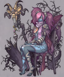 Rule 34 | bandages, barefoot, blue skin, chair, code of princess, colored skin, d0man, full body, grin, hair over one eye, lady zozo, long hair, midriff, monster girl, no bra, panties, pink hair, scar, scarf, simple background, sitting, skull, smile, solo, staff, stitches, tattoo, teeth, twintails, underwear, yellow eyes
