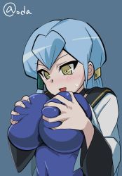Rule 34 | 1girl, aqua hair, blue background, blue hair, blush, breasts, cardfight!! vanguard, covered navel, female focus, gillian chen, grabbing, grabbing another&#039;s breast, grabbing own breast, gradient background, hair between eyes, hands up, large breasts, long hair, looking down, oda koziki, open mouth, school uniform, signature, simple background, solo, sweatdrop, upper body, wide sleeves, yellow eyes