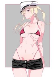 Rule 34 | 1girl, arms behind back, bikini, bikini top only, bikini under clothes, blonde hair, blush, border, breasts, cleavage, collarbone, commentary, cowboy shot, gluteal fold, graf zeppelin (kancolle), grey background, hair between eyes, hat, highleg, highleg bikini, highres, kantai collection, kurihara kenshirou, large breasts, looking at viewer, looking to the side, military hat, navel, open mouth, purple eyes, red bikini, red border, short shorts, shorts, sidelocks, solo, swimsuit, twintails, unbuttoned