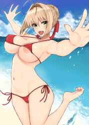 Rule 34 | 1girl, ahoge, areola slip, bare shoulders, beach, bikini, blonde hair, blue sky, blush, braid, breasts, cleavage, cocq taichou, collarbone, covered erect nipples, fate/extra, fate (series), french braid, green eyes, hair bun, hair intakes, hair ribbon, highres, large breasts, long hair, looking at viewer, navel, nero claudius (fate), nero claudius (fate) (all), nero claudius (fate/extra), ocean, open mouth, red bikini, red ribbon, ribbon, shore, sky, smile, solo, swimsuit, thighs