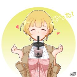 Rule 34 | 1girl, blonde hair, blush, breasts, bubble tea, bubble tea challenge, closed mouth, commentary request, dated, drinking straw, earrings, closed eyes, fukuda noriko, glint, heart, highres, idolmaster, idolmaster million live!, jewelry, large breasts, long sleeves, nillis, short hair, signature, smile, solo