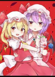 Rule 34 | 2girls, :o, absurdres, arm up, ascot, bat wings, blonde hair, blouse, blue flower, blue rose, blush, brooch, commentary, commentary request, cowboy shot, english commentary, fang, flandre scarlet, flower, hair between eyes, hand on another&#039;s back, hat, hat ribbon, highres, holding, holding flower, iyo (ya na kanji), jewelry, leaning back, letterboxed, looking at viewer, mixed-language commentary, mob cap, multiple girls, open mouth, petals, pink headwear, pink shirt, pink skirt, pointy ears, puffy short sleeves, puffy sleeves, purple hair, red ascot, red background, red eyes, red flower, red rose, red skirt, red vest, remilia scarlet, ribbon, rose, shirt, short hair, short sleeves, siblings, side ponytail, simple background, sisters, skirt, skirt set, slit pupils, standing, touhou, vest, white headwear, white shirt, wings, wrist cuffs, yellow ascot