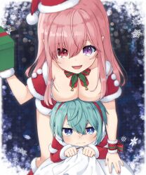 Rule 34 | &gt;:(, 1boy, 1girl, age difference, annoyed, aqua hair, arm ribbon, armband, bell, blue background, blue eyes, border, bow, bowtie, box, breast rest, breasts, breasts on head, child, christmas, cleavage, clenched hands, closed mouth, earmuffs, framed, fur-trimmed headwear, fur trim, gift, gift box, girl on top, green bow, green bowtie, hair between eyes, halftone, halftone background, hand up, hat, heterochromia, highres, holding, holding gift, holding sack, long hair, lying, medium breasts, mistletoe, nei (os), nei akutsu, on stomach, onee-shota, open mouth, original, os (os fresa), pink hair, pointy ears, pom pom (clothes), purple eyes, red armband, red bow, red bowtie, red eyes, red headwear, ribbon, sack, santa costume, santa hat, short hair, smile, snowflake background, souta (os), souta kandori, striped bow, striped bowtie, striped clothes, v-shaped eyebrows