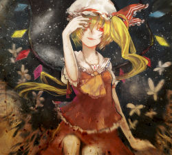 Rule 34 | 1girl, absurdres, ascot, bad id, bad pixiv id, blonde hair, bug, butterfly, fangs, female focus, flandre scarlet, hand on own face, hat, highres, bug, long hair, nibanmachi wakai, red eyes, side ponytail, skirt, skirt set, solo, touhou, very long hair, wings, wink