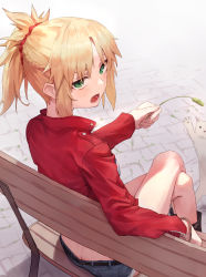 Rule 34 | 1girl, animal, ass, bench, blonde hair, boots, braid, butt crack, cat, crossed legs, fate/apocrypha, fate (series), green eyes, hair ornament, hair scrunchie, highres, holding, jacket, knee boots, long hair, looking back, lower teeth only, mordred (fate), mordred (fate/apocrypha), open mouth, outdoors, red jacket, red scrunchie, scrunchie, shorts, sitting, solo, teeth, tesin (7aehyun)
