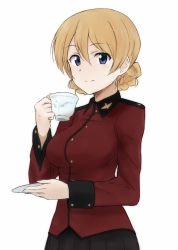 Rule 34 | 10s, 1girl, black skirt, blonde hair, blue eyes, braid, cup, darjeeling (girls und panzer), fuyube gin (huyube), girls und panzer, holding, jacket, light smile, long sleeves, looking at viewer, military, military uniform, miniskirt, pleated skirt, red jacket, saucer, short hair, simple background, skirt, solo, standing, teacup, twin braids, uniform, upper body, white background