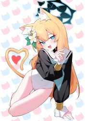 Rule 34 | 1girl, absurdres, adapted costume, animal ear fluff, animal ears, blue archive, blue eyes, blush, cat ears, cat tail, commentary, covered navel, dark halo, fang, fingernails, flower, hair flower, hair ornament, halo, heart, highres, honi (honi1010), leotard, long hair, long sleeves, looking at viewer, mari (blue archive), open mouth, orange hair, puffy long sleeves, puffy sleeves, smile, solo, symbol-only commentary, tail, white flower, white leotard