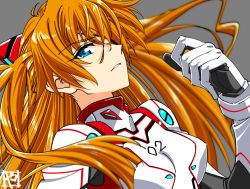 Rule 34 | 1girl, blue eyes, bodysuit, check commentary, commentary, commentary request, evangelion: 3.0+1.0 thrice upon a time, eyepatch, eyes visible through hair, floating hair, from side, grey background, hair over one eye, hand up, interface headset, long bangs, long hair, looking at viewer, neon genesis evangelion, one eye covered, orange hair, plugsuit, rebuild of evangelion, signature, simple background, solo, souryuu asuka langley, two side up, upper body, white bodysuit, yamayoshi