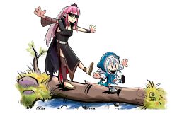 Rule 34 | 2girls, animal hood, artist name, asymmetrical legwear, balancing, black cape, black dress, blue hair, calvin &amp; hobbes, cape, commentary, derivative work, detached sleeves, dress, english commentary, fins, fish tail, gawr gura, grass, highres, hololive, hololive english, hood, log, long hair, long sleeves, mateus alves, medium hair, mori calliope, multicolored hair, multiple girls, open mouth, outstretched arms, parody, pink hair, shark hood, shark tail, sharp teeth, signature, silver hair, simple background, single sleeve, smile, stone, streaked hair, style parody, sunglasses, tail, teeth, tiara, torn cape, torn clothes, torn veil, uneven legwear, veil, virtual youtuber, walking, water stream, watermark, white background