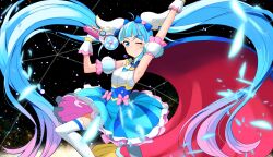 Rule 34 | 1girl, ;), absurdres, ahoge, arm up, blue cape, blue dress, blue eyes, blue hair, brooch, cape, commentary request, cure sky, cut bangs, detached sleeves, dress, earrings, fingerless gloves, frilled dress, frills, gloves, gradient hair, highres, hirogaru sky! precure, hiroshi (hunter-of-kct), holding, jewelry, jumping, leg up, light particles, long hair, looking at viewer, magical girl, medium dress, multicolored hair, one eye closed, partial commentary, pink hair, precure, puffy detached sleeves, puffy sleeves, red cape, sky mirage, sleeveless, sleeveless dress, smile, solo, sora harewataru, streaked hair, thighhighs, twintails, two-sided cape, two-sided fabric, very long hair, white gloves, white thighhighs, wing hair ornament