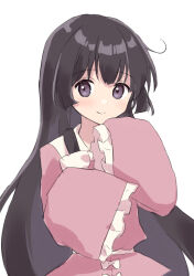 Rule 34 | 144udy, 1girl, absurdres, ahoge, black eyes, black hair, bow, closed mouth, dress, dress bow, frilled sleeves, frills, hand up, highres, hime cut, houraisan kaguya, long hair, looking at viewer, pink dress, sidelocks, simple background, sketch, sleeves past fingers, sleeves past wrists, smile, solo, standing, touhou, upper body, white background, white bow