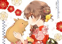 Rule 34 | 1girl, animal, blush, brown hair, carrying, chinese zodiac, closed mouth, commentary request, floral background, floral print, flower, from side, hair bun, hair flower, hair ornament, hair over shoulder, hair ribbon, hands up, japanese clothes, kimono, kuga tsukasa, long hair, long sleeves, looking at another, obi, original, pig, print kimono, profile, purple eyes, red kimono, red ribbon, ribbon, sash, sidelocks, single hair bun, smile, solo, white background, year of the pig, yellow flower