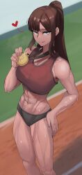 Rule 34 | 1girl, abs, blue eyes, brown hair, gold, hand on own hip, heart, heart-shaped pupils, highres, long hair, medal, muscular, muscular female, original, ponytail, running track, shine, solo, soolee040995, sweat, symbol-shaped pupils, tan, tank top, toned, tongue, tongue out