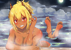 Rule 34 | 1girl, ass, bare shoulders, barefoot, bathing, blonde hair, breasts, commentary request, completely nude, convenient censoring, dark skin, demon girl, demon horns, fang, feet, flirting, foot blush, foot focus, full moon, highres, horns, long bangs, lying, medium breasts, moon, neko 040, night, nude, on stomach, onsen, orange eyes, original, red eyes, rock, shiny skin, smile, soles, solo, steam, tan, the pose, toes, two-tone eyes, wet