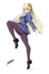 Rule 34 | 1girl, absurdres, bad id, bad pixiv id, black pantyhose, blonde hair, blush, capcom, capcom fighting jam, dickbomber, full body, gloves, hairpods, highres, ingrid (capcom), korean text, leg up, legs, long legs, looking at viewer, mary janes, miniskirt, open mouth, panties, panties under pantyhose, pantyhose, pantyshot, red eyes, ribbon, shoes, simple background, skirt, solo, standing, standing on one leg, thighs, tiptoes, underwear, upskirt, white background, white gloves