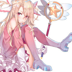 Rule 34 | 1girl, blonde hair, blush, boots, closed mouth, dress, elbow gloves, fate/kaleid liner prisma illya, fate (series), gloves, hair ornament, hakuishi aoi, illyasviel von einzbern, long hair, looking at viewer, magical ruby, parted bangs, pink dress, pink eyes, pink footwear, pink gloves, pink thighhighs, sidelocks, simple background, sitting, smile, solo, thigh boots, thighhighs, thighs, two side up, white background, white gloves
