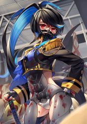 Rule 34 | 1girl, absurdres, armor, black gloves, black hair, blood, blood on clothes, blood on face, blood on hands, blood on leg, blue capelet, blue gemstone, blue hair, capelet, colored sclera, contrapposto, death, facial tattoo, fingerless gloves, gas mask, gem, gloves, hand on hilt, hand on own hip, highres, holding, holding sword, holding weapon, indoors, long hair, looking at viewer, mask, monster, multicolored hair, original, red eyes, shiro3necro, sword, tattoo, two-tone hair, very long hair, weapon, wide sleeves, yellow sclera
