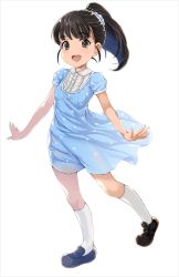 Rule 34 | 1girl, :d, bad id, bad pixiv id, black eyes, black hair, blue dress, blush, commentary request, dress, fukuyama mai, full body, hair ornament, hair scrunchie, idolmaster, idolmaster cinderella girls, kneehighs, loafers, long hair, looking at viewer, open mouth, ponytail, puffy short sleeves, puffy sleeves, scrunchie, shoes, short sleeves, simple background, smile, socks, solo, tinpeniman, white socks