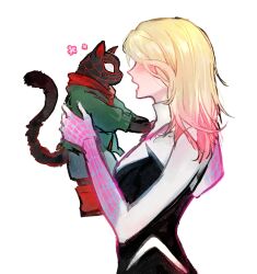 Rule 34 | 1boy, 1girl, absurdres, animal, animal print, blonde hair, bodysuit, boots, cat, from side, gradient hair, gwen stacy, highres, holding, holding animal, hood, hooded bodysuit, hoodie, jacket, looking at another, marvel, mask, meows morales, multicolored hair, spider-gwen, spider-man: across the spider-verse, spider-man (series), spider-verse, spider print, spider web print, two-tone bodysuit, upper body, verxi0