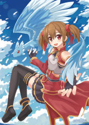 Rule 34 | 10s, 1girl, black thighhighs, blush, brown hair, cloud, day, fingerless gloves, gloves, highres, npcpepper, pina (sao), red eyes, short hair, short twintails, silica, skirt, sky, sword art online, thighhighs, twintails