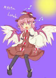 Rule 34 | 1girl, animal ears, bad id, bad pixiv id, beamed quavers, fang, female focus, hat, moon, musical note, mystia lorelei, onsen tamago (onnsenn), onsentamago@shugyouchuu, open mouth, pink hair, quaver, short hair, simple background, solo, touhou, wings