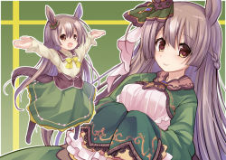 Rule 34 | 1girl, aged down, animal ears, arms up, brown hair, commentary request, dress, green background, hair ornament, half updo, horse ears, horse girl, horse tail, izumi yukiru, long skirt, long sleeves, looking at viewer, open mouth, satono diamond (umamusume), simple background, skirt, solo, tail, umamusume, yellow eyes