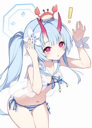 Rule 34 | !, 1girl, absurdres, animal, animal on head, arms up, bikini, blue archive, blue hair, blush, breasts, chise (blue archive), chise (swimsuit) (blue archive), crab, diieru, flower, hair flower, hair ornament, halo, highres, horns, leaning forward, long hair, on head, oni horns, parted lips, pink eyes, ponytail, sailor collar, simple background, small breasts, solo, striped bikini, striped clothes, swimsuit, very long hair, white background, white sailor collar