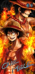 Rule 34 | 2boys, brothers, copyright name, cowboy hat, fire, hat, jewelry, male focus, monkey d. luffy, multiple boys, necklace, one piece, portgas d. ace, siblings, stampede string, straw hat