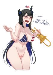 Rule 34 | 1girl, @ @, absurdres, american flag, american flag bikini, asymmetrical horns, bikini, bikini top only, black hair, black nails, blue hair, blush, bottomless, breasts, cleft of venus, colored inner hair, cropped legs, demon horns, flag print, highres, holding, holding instrument, hololive, hololive english, horns, instrument, large breasts, long hair, mole, mole under eye, multicolored hair, myth1carts, navel, nerissa ravencroft, open mouth, pussy, red eyes, simple background, solo, stomach, swimsuit, trombone, two-tone hair, uncensored, very long hair, virtual youtuber, wavy mouth, white background