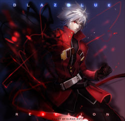Rule 34 | 10s, 1boy, 2010, arc system works, bad id, bad pixiv id, belt, black gloves, blazblue, coat, copyright name, elran, gloves, green eyes, heterochromia, male focus, pants, ragna the bloodedge, red eyes, solo, spiked hair, white hair