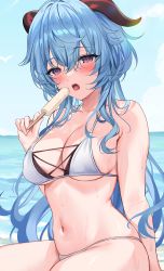 Rule 34 | 1girl, absurdres, ahoge, bad id, bad pixiv id, bare shoulders, bikini, blue hair, blush, breasts, cleavage, collarbone, cropped, ganyu (genshin impact), genshin impact, highres, hizuki higure, horns, large breasts, long hair, looking at viewer, open mouth, purple eyes, resolution mismatch, solo, source larger, swimsuit, thighs, white bikini