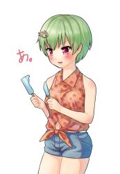 Rule 34 | 1girl, absurdres, bare arms, blush, collared shirt, cowboy shot, crocodile hair ornament, denim, denim shorts, eyelashes, flower, food, frown, green hair, hair between eyes, hawaiian shirt, highres, holding, holding food, holding popsicle, looking at food, looking down, may salamanya, nomura miki, open mouth, pink eyes, popsicle, shirt, short hair, shorts, simple background, sleeveless, sleeveless shirt, solo, standing, summer pockets, sunflower, translated, unequal popsicle division, v-shaped eyebrows, white background