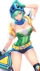Rule 34 | 1girl, alternate costume, arcade riven, arm up, bare shoulders, belt, black thighhighs, blue shorts, breasts, cait aron, cleavage, commentary, fingerless gloves, gloves, green hair, helmet, highres, jacket, large breasts, league of legends, looking at viewer, medium breasts, purple eyes, riven (league of legends), short hair, short shorts, shorts, simple background, smile, solo, star (symbol), sword, thighhighs, weapon, white background, white gloves, yellow belt, yellow jacket