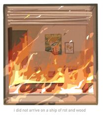 Rule 34 | window blinds, burning, commentary, desk, english commentary, english text, fire, from outside, highres, mob psycho 100, mp100days, no humans, office, reigen arataka, window