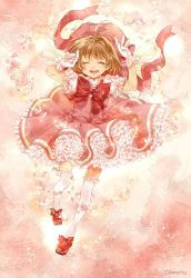 Rule 34 | 1girl, bow, bowtie, brown eyes, brown hair, cardcaptor sakura, dress, frilled thighhighs, frills, full body, gloves, hat, highres, kinomoto sakura, layered dress, open mouth, pink dress, red bow, red bowtie, red footwear, red hat, red ribbon, ribbon, shoes, short hair, short sleeves, signature, solo, tamaru, thighhighs, white gloves, zettai ryouiki