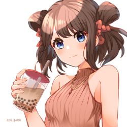 Rule 34 | 1girl, alternate costume, bare shoulders, blue eyes, bubble tea, casual, dragalia lost, drink, drinking straw, hair ribbon, highres, holding, holding drink, jewelry, lin you, lips, looking at viewer, medium hair, necklace, po pooch, ribbon, smile, upper body