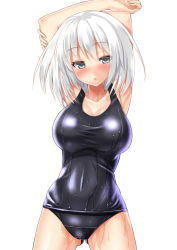 Rule 34 | 1girl, :o, alexmaster, armpits, arms up, black one-piece swimsuit, blue eyes, blush, breasts, grey eyes, highres, large breasts, long hair, one-piece swimsuit, original, school swimsuit, shiny clothes, short hair, simple background, solo, swimsuit, wet, white background, white hair