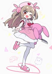 Rule 34 | 1girl, apron, bandaged arm, bandages, blush, brown hair, dated, dress, full body, hair ornament, hat, heart, highres, long hair, looking at viewer, mzh, natori sana, nurse cap, one eye closed, open mouth, pink apron, pink footwear, pink hat, rabbit hair ornament, sana channel, short sleeves, simple background, solo, stuffed animal, stuffed rabbit, stuffed toy, thighhighs, two side up, virtual youtuber, white thighhighs