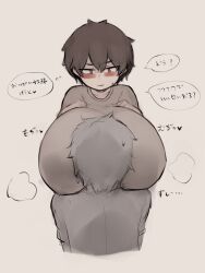 Rule 34 | 2boys, between breasts, blush, breasts, brown hair, eyes visible through hair, face between breasts, face to breasts, gigantic breasts, head between breasts, highres, male with breasts, multiple boys, oppai shota, orange eyes, pittori, shirt, simple background, solo, standing, translation request, yaoi