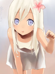 Rule 34 | 10s, 1girl, alternate costume, bent over, blonde hair, blue eyes, breasts, chemise, cowboy shot, downblouse, dress, eyebrows, flower, gradient hair, hair between eyes, hair flower, hair ornament, holding, jewelry, kantai collection, long hair, looking at viewer, multicolored hair, nipple slip, nipples, no bra, ring, ro-500 (kancolle), sakiryo kanna, sleeveless, sleeveless dress, small breasts, solo, standing, straight hair, tan, tanline, twitter username, white dress, white hair