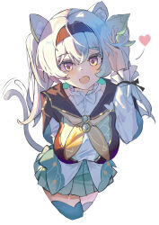 Rule 34 | 1girl, :d, absurdres, animal ears, arm behind back, black hairband, black jacket, blue skirt, blue thighhighs, blush, bow, breasts, cat ears, cat girl, cat tail, collared shirt, cropped jacket, cropped legs, firefly (honkai: star rail), green bow, grey hair, hair between eyes, hair bow, hair intakes, hairband, hand on own head, hand up, heart, highres, honkai: star rail, honkai (series), hua (yijing), jacket, kemonomimi mode, large breasts, legs together, long hair, long sleeves, looking at viewer, miniskirt, neckerchief, open mouth, orange neckerchief, pleated skirt, purple eyes, shirt, sidelocks, simple background, skirt, smile, solo, tail, thighhighs, thighs, white background, white shirt, zettai ryouiki