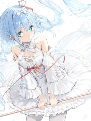 Rule 34 | 1girl, absurdres, aqua eyes, azur lane, bare shoulders, blue hair, blush, bow, braid, breasts, crown, detached collar, dress, floating hair, frilled dress, frilled sleeves, frills, hair between eyes, hair bow, hidulume, highres, holding, janus (azur lane), key, long hair, looking at viewer, mini crown, pantyhose, signature, simple background, small breasts, solo, tearing up, white background, white dress, white pantyhose