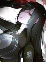 Rule 34 | 1girl, amirun, black bodysuit, black hair, black jacket, blood, blue eyes, bodysuit, breasts, commentary, english commentary, evil smile, hand on own head, highres, jacket, korean text, large breasts, long hair, looking at viewer, raven (stellar blade), raven suit (stellar blade), simple background, skin tight, smile, solo, standing, stellar blade, swept bangs, upper body, white background