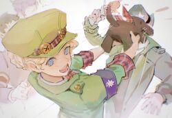 Rule 34 | 1girl, 3boys, ace attorney, animal, arm up, armband, barok van zieks, black armband, black hair, blonde hair, blue eyes, coat, cowboy shot, dog, fish (food), fish and chips, food, gina lestrade, green coat, green headwear, green jacket, hat, highres, holding, holding animal, holding food, jacket, liyuliyuzhou, long sleeves, looking at viewer, multiple boys, open mouth, ryunosuke naruhodo, short hair, sleeves rolled up, smile, standing, the great ace attorney, tobias gregson, toby (ace attorney), upper body, white background