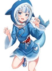 Rule 34 | 1girl, absurdres, animal costume, animal hood, bad id, bad pixiv id, bare legs, blue eyes, blue hoodie, blue nails, blush, claw pose, collarbone, commentary, english commentary, finger gun, fins, fish tail, gawr gura, gawr gura (1st costume), hair ornament, highres, hololive, hololive english, hood, hoodie, long sleeves, looking at viewer, medium hair, multicolored hair, nail polish, open mouth, shark, shark hood, shark tail, sharp teeth, silver hair, smile, solo, streaked hair, tail, teeth, virtual youtuber, white background, white footwear, wide sleeves, zeroillya