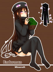 Rule 34 | 1girl, andr, at2., black theme, blue eyes, blush, brown hair, character name, copyright name, enderman, garter belt, garter straps, hat, highres, minecraft, panties, personification, sitting, solo, thighhighs, underwear