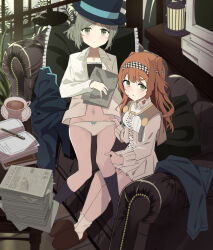 Rule 34 | 2girls, absurdres, black hat, black socks, blush, bow, bow panties, braid, checkered hairband, closed mouth, coat, collared shirt, commentary request, computer, couch, cup, dress, green eyes, green hair, hair bun, hand on another&#039;s leg, hand on another&#039;s waist, hat, heat lamp, highres, holding, holding newspaper, indoors, long sleeves, multiple girls, newspaper, on couch, open clothes, open shirt, orange hair, panties, pants, parted lips, pen, reverse:1999, saucer, shirt, side braid, single side bun, sitting, socks, soha (sirohase), sonetto (reverse:1999), teacup, top hat, two side up, underwear, unworn coat, unworn pants, vertin (reverse:1999), white dress, white panties, white shirt, white socks, yuri