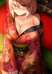 Rule 34 | 1girl, bare shoulders, blonde hair, blush, breasts, brown eyes, cleavage, collarbone, fate (series), hatori mia, highres, japanese clothes, kimono, koha-ace, large breasts, lips, looking at viewer, okita souji (fate), okita souji (koha-ace), revision, short hair, solo, tears