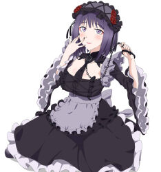 Rule 34 | 1girl, apron, black collar, black hairband, black nails, black necktie, black skirt, blush, breasts, chain, chain leash, collar, collarbone, cosplay, cross-laced clothes, cross-laced dress, detached collar, dress, dress shirt, flower, frilled apron, frilled sleeves, frills, gothic lolita, hair flower, hair ornament, hairband, holding, holding chain, kitagawa marin, kuroe shizuku, kuroe shizuku (cosplay), leash, lolita fashion, lolita hairband, long sleeves, looking at viewer, maid apron, makeup, medium breasts, nail polish, necktie, on floor, pleated skirt, purple eyes, purple hair, red flower, red rose, rose, shiny skin, shirt, short hair, simple background, sitting, skirt, solo, sono bisque doll wa koi wo suru, waist apron, white apron, white background, wide sleeves, wig, yoshida keiji